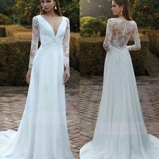 Elegant Wedding Dresses Long Sleeve Sheer Lace A Line V Neck Sweep Ruffles Train