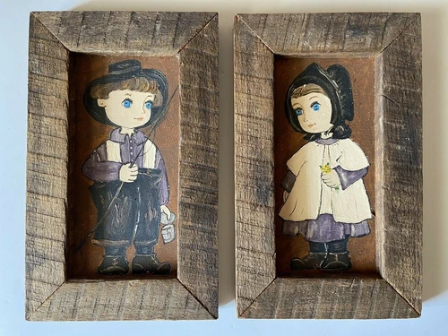 Dolores Hackenberger Amish Boy Girl Oil Painting Pair Wooden Folk Art Signed
