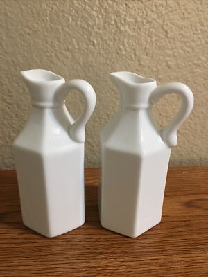 2 Vintage Xcell Pottery China White ceramic Oil and Vinegar cruets 5 1/4 