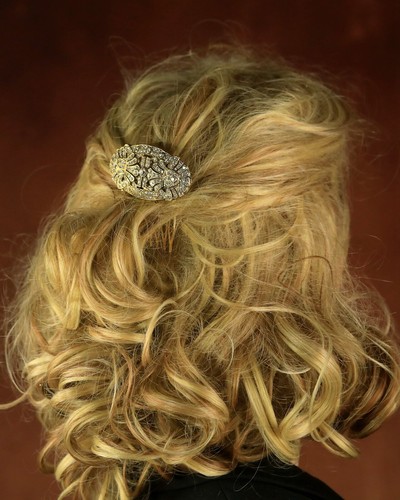 Antique Gold Art Deco Hair Comb Large Oval White Rhinestones 1920S QD22 - Picture 4 of 5