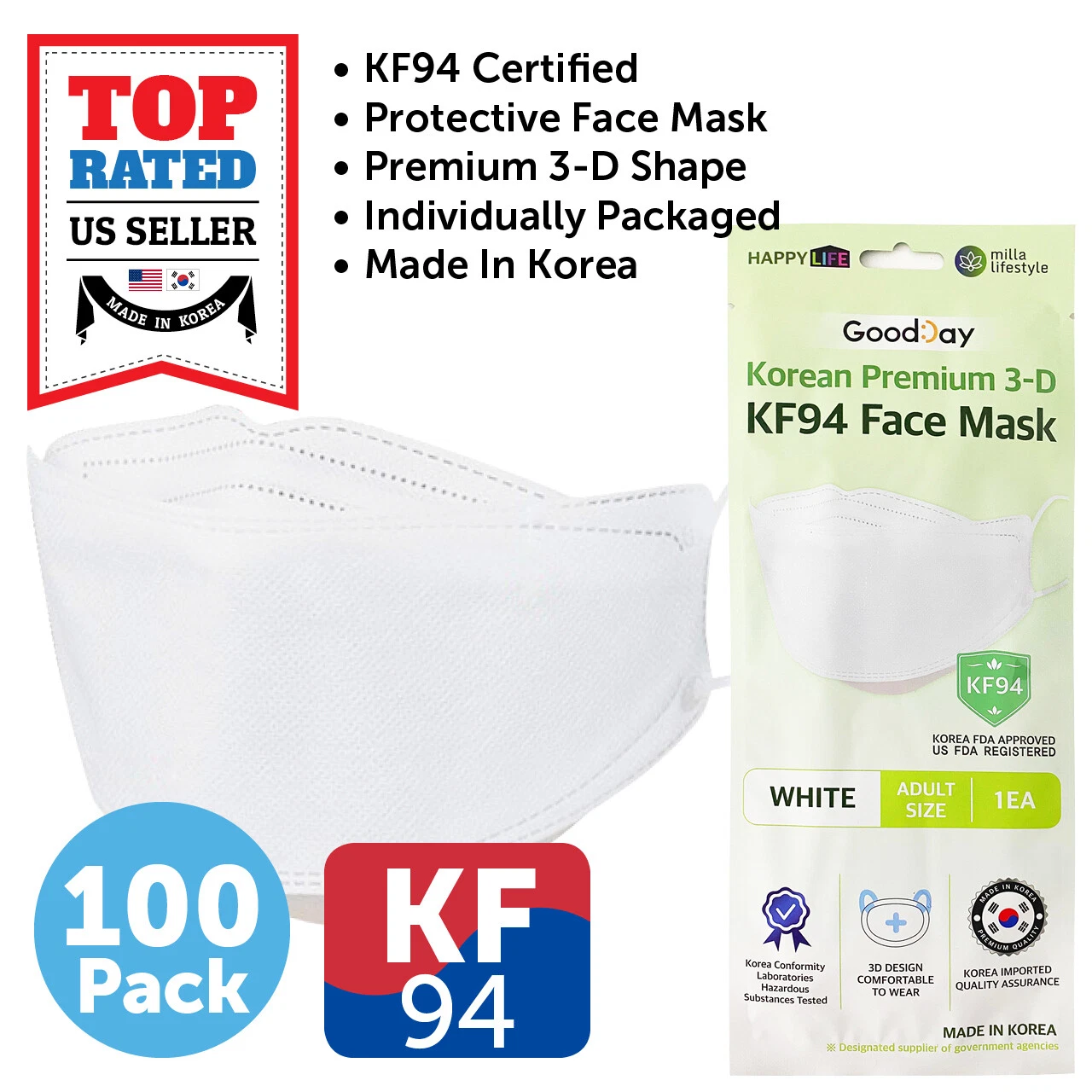 100 PCS KF94 WHITE Protective Safety Face Mask Adult KFDA Approved