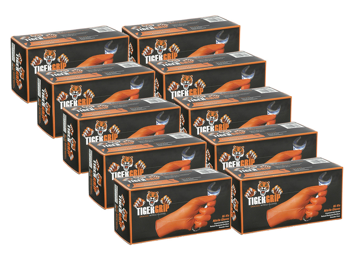 Tiger Grip Nitrile Gloves - 8MIL - Diamond Grip - Hi-VIS Orange - 10 Boxes