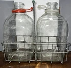 2 Vintage Clear Glass Gallon  Milk Jugs & Soft Plastic Handle with Metal Carrier