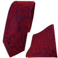 Schmale Tigertie Seidenkrawatte + Einstecktuch In Weinrot Schwarzblau Paisley