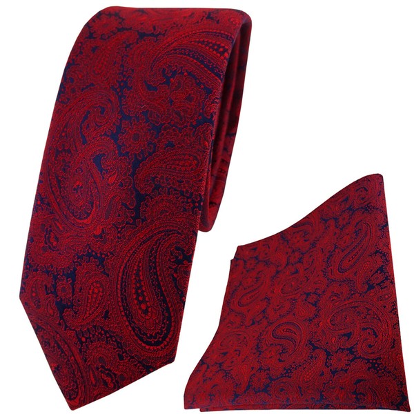Schmale Tigertie Seidenkrawatte + Einstecktuch In Weinrot Schwarzblau Paisley-image