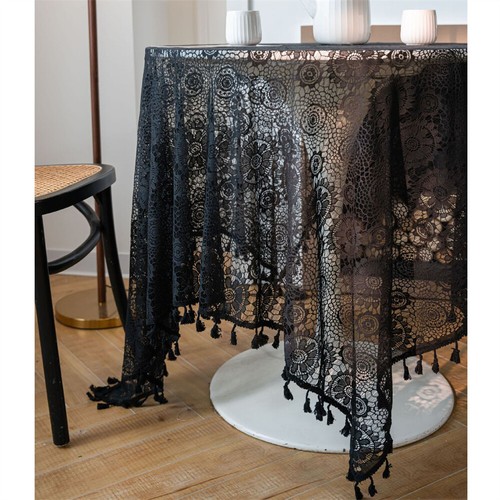 Mantel negro ganchillo borla comedor rectangular mantel cubierta mesa - Imagen 3 de 18