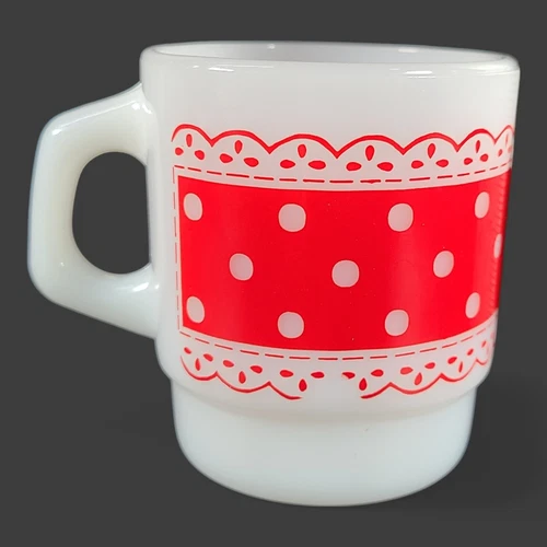 Fire King Anchor Hocking Red Polka Dots Lace Milk Glass Coffee Cup Mug