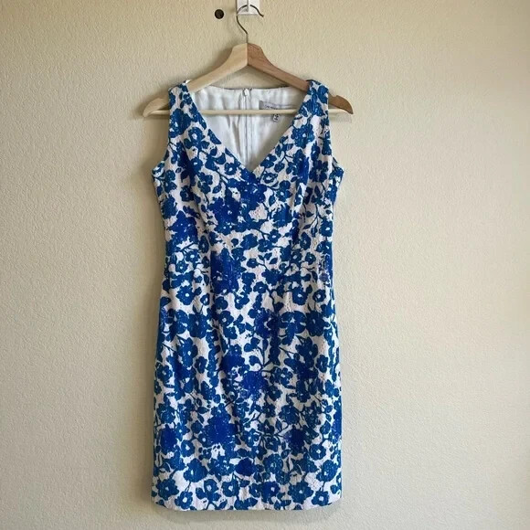 carmen marc valvo blue dress Carmen Marc Valvo Cotton Eyelet Blue White Floral Sheath Dress 6