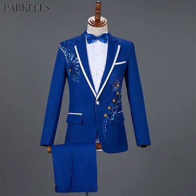 Men Wedding Suits Sequin Embroidery One Button Lapel Blazer Pants Stage Costume