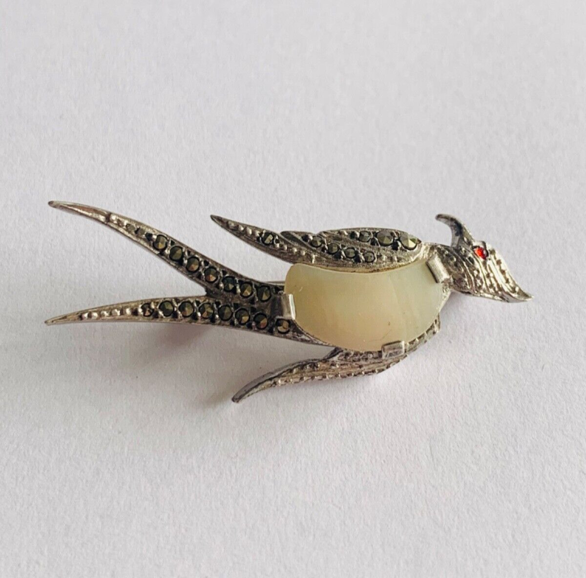 Vintage Solid Silver Bird Brooch Marcassites Broo… - image 1