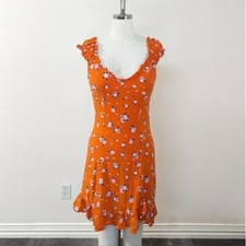 Free People Scoop Ruffle Neck Mini Dress Orange S Citrus Print lemon bohemian