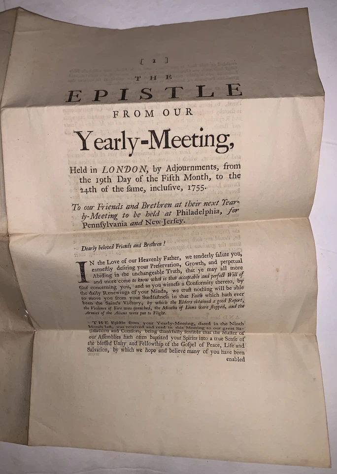 1755, PHILADELPHIA, QUAKER EPISTLE, LONDON MEETING, TO PENNSYLVANIA & NEW JERSEY - Image 2 of 4