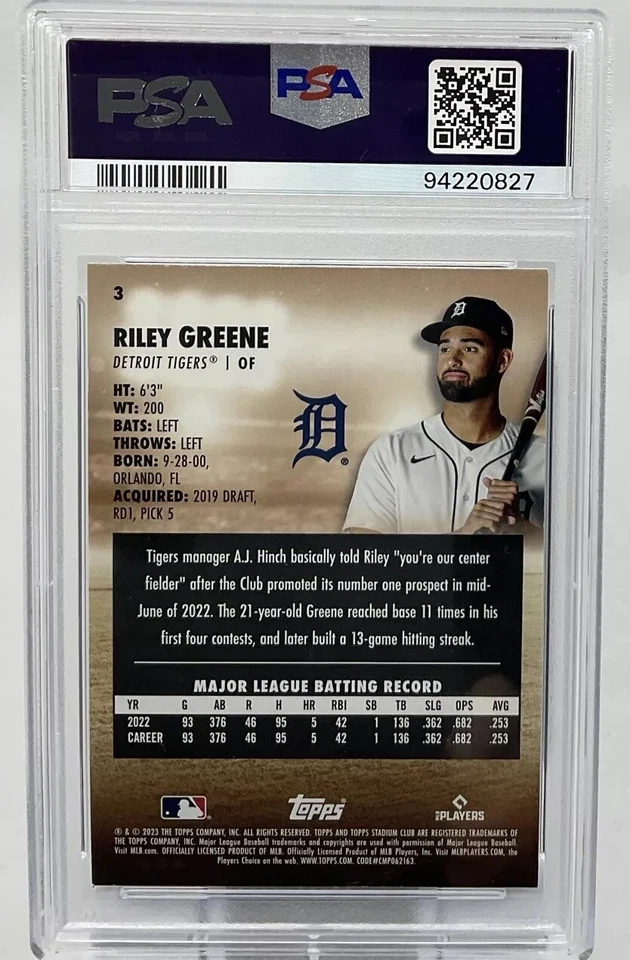 Riley Greene Rookie PSA 9 -2023 Topps Stadium Club -Tigers, Back to the Playoffs - Image 4 of 4