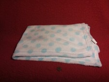 approx 36" by 32" baby blanket WHITE WITH BLUE DOTS plush