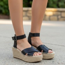 Sandalias Coach 6 para mujer negras firma cuero prímula alpargata hebilla de cuña