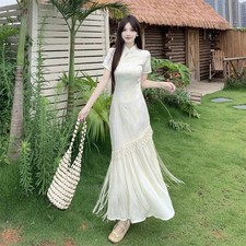 Robe Longue A-Line Femme Taffetas Jacquard Qipao Manches Courtes À Franges Beige