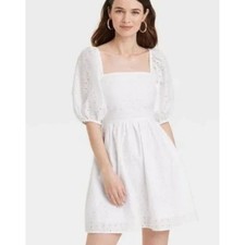 A New Day Women's White Eyelet Puff Sleeve Square Neck Cutout Mini Dress