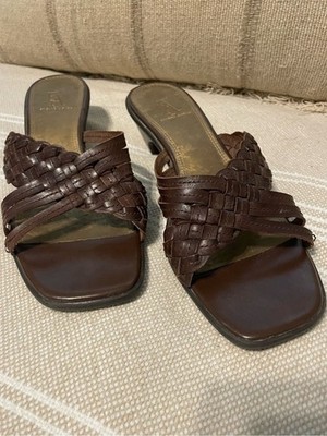Etienne Aigner Sona Brown Woven Leather Slide Sandals Mule kitten Heels Size 9M