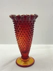 GLOWS Vintage FENTON Amberina Red Orange Hobnail Glass Ruffled Edge Vase 6"