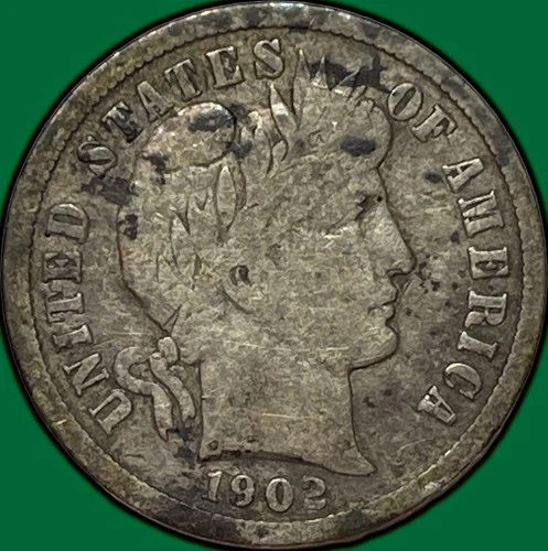 1902-S Barber Dime Silver Fine F Coin, Rough #32140