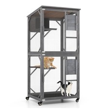 72" Wooden Cat House Indoor Outdoor Kitten Enclosure Kennel Condo on Wheels Grey