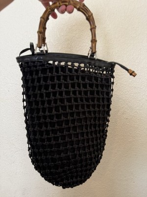 Rare Vintage GUCCI Bamboo Drawstring Basket Bag Leather Black Authentic