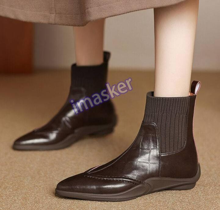 Womens Point Toe Flat Leather Ankle Boot Stretch Knitted Office Shoes