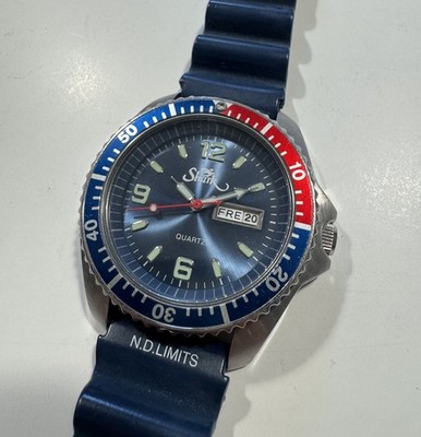 Shark Quartz Diver Watch Pepsi Bezel Day Date Blue Dial Vintage Sunburst Navy