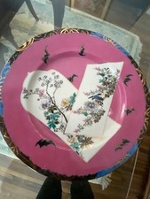 Antique 19th Century Japanese Plate Hand Painted Bats,Flower, Bluebird, Signed