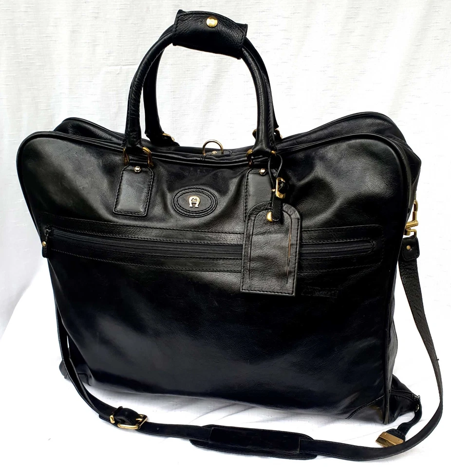AIGNER Vintage Reise Kleidersack Travel Bag Leder schwarz 50x47 cm Trageriemen - Bild 3 von 4