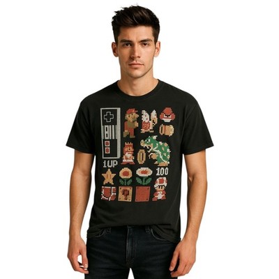 Super Mario Graphic T-Shirt Mens S Black Short Sleeve Pixel Art Game Retro Tee