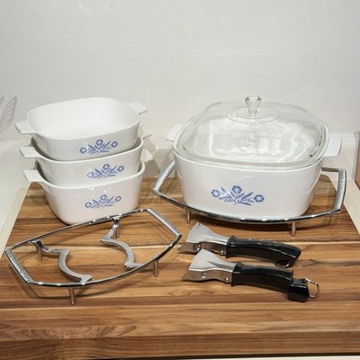 Vintage CorningWare Blue Cornflower 8pc Cooking Bundle + Detach Handles+ 2 trays