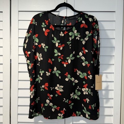Halogen Black Simple Floral Blouse XL Nordstrom NWT