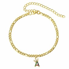 Stainless Steel Gold Plated 4mm Figaro Link Anklet, Rainbow Crown CZ Initials