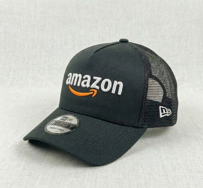 Amazon Logo Trucker Hat Black Mesh Snapback Cap White Orange Embroidery
