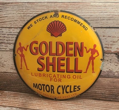 Vintage Golden Shell Lube Oil for Motorcycles Porcelain Metal Advertising Sign