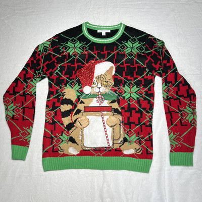 Unisex Men Women Ugly Christmas Sweater Cat Sz S Novelty Green Red Drink Pocket