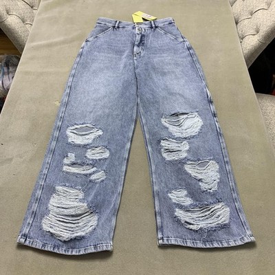 BY FAR D Denim Wide Leg Trouser Jeans Womens Large Blue Stone Wash Distressed