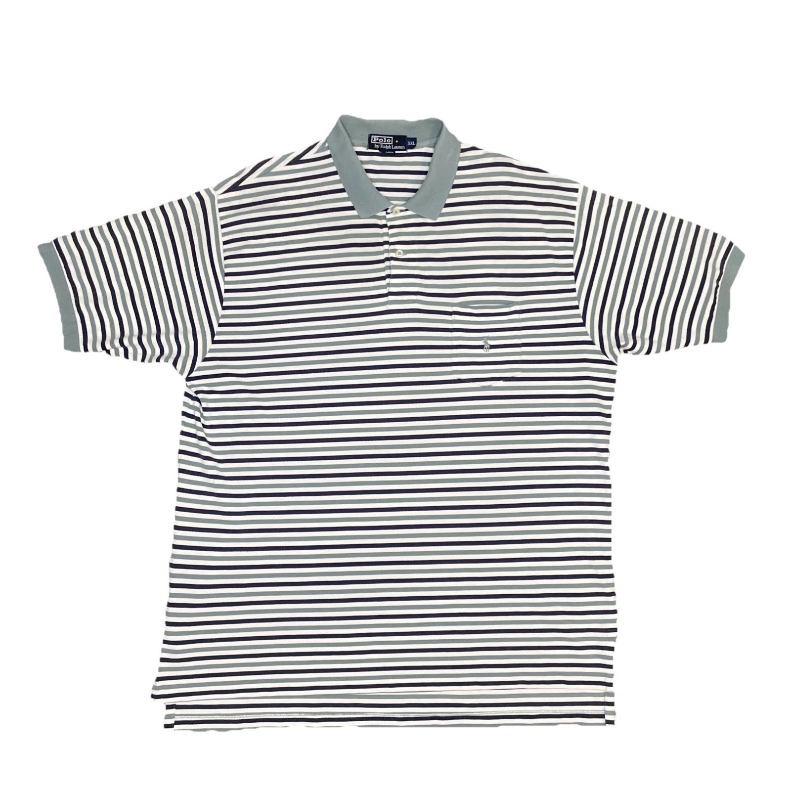 Polo Ralph Lauren Men’s Striped Polo Shirt Pocket 90s 2XL Blue Tag Baggy VTG