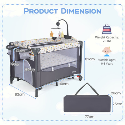 GYMAX Baby Travel Cot, 4-in-1 Foldable Infant Crib With Changing Table