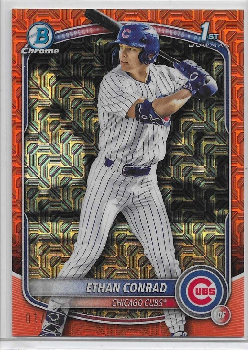 2025 bowman chrome draft 1st ethan conrad 01/25 mojo orange refractor