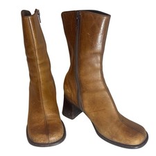 90s Steve Madden Brown Leather Boots Square Toe Block Heel Chunky Backster 7.5