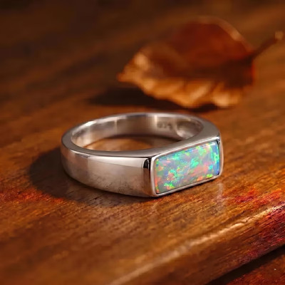 Men's Opal Ring 925 Sterling Silver, Fire Opal Statement Jewelry Gift for Him