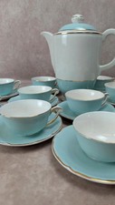 Service à thé vintage bleu céladon – théière Lunéville + 10 tasses Ceranord