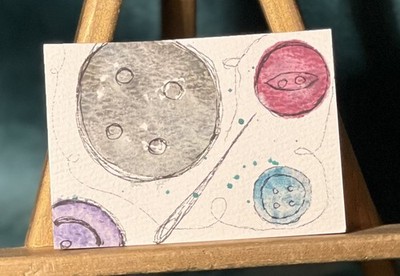 ACEO Button Needle and Thread Watercolor & Ink Original Art Card