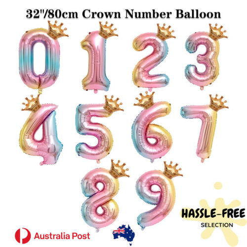 32" 80cm Rainbow Gold Crown Number Balloon Party Birthday Large  Year 1234567890 - Picture 1 of 15