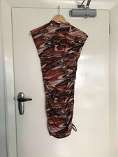 Pretty Little Thing Brown Swirl Ruched Bodycon High Neck Dress 8 BNWT