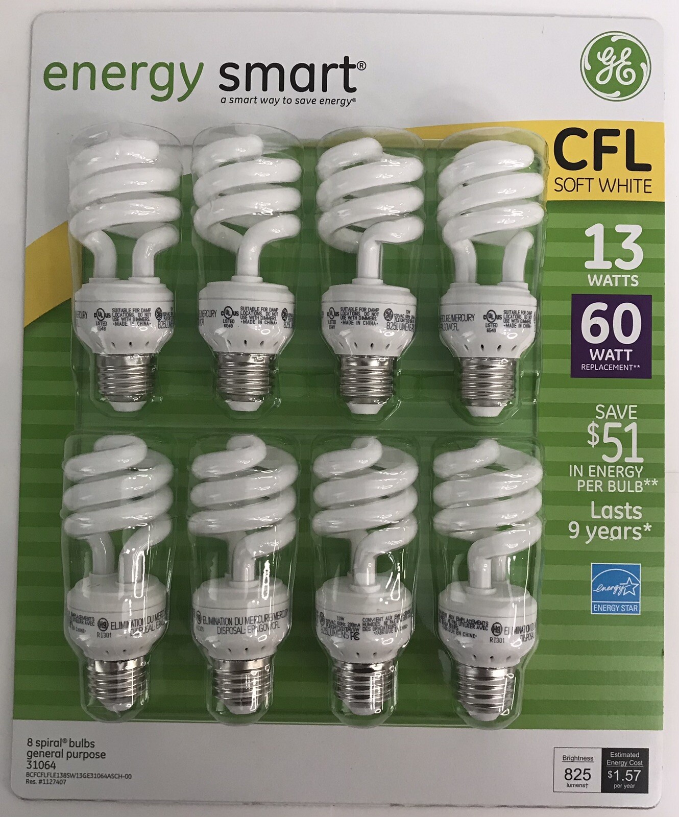 GE Energy Smart CFL Fluorescent GE 13 Watt Replaces 60 Watt Light Bulbs- 8 Pack