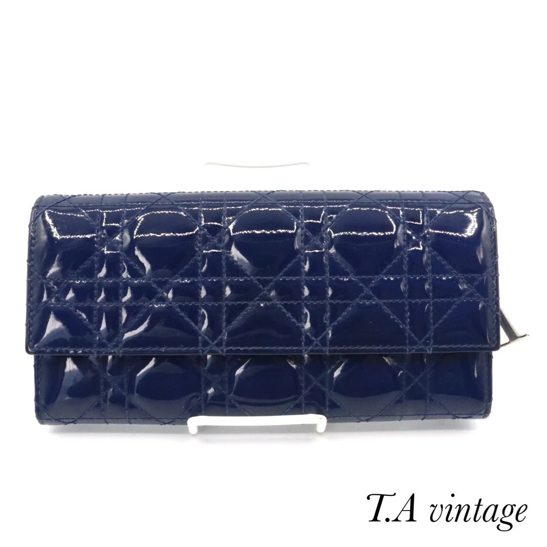 Authentique portefeuille long Christian Dior Lady Dior cannage cuir verni marine Japon