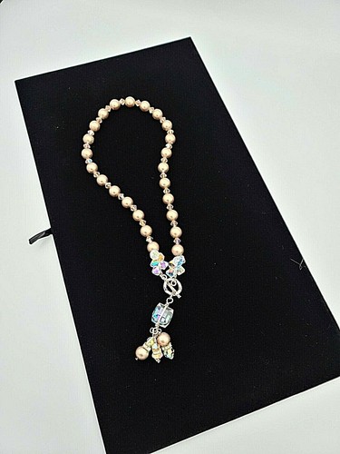 Champagne Pearl & Crystal Beaded Lariat Necklace w Oil Slick Crystal Pendant - Bild 11 von 11